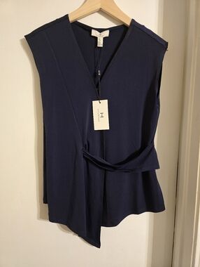 Halston Heritage Navy Blue Sleeveless Wrap-Front Blouse with Tie Sz XS NWT